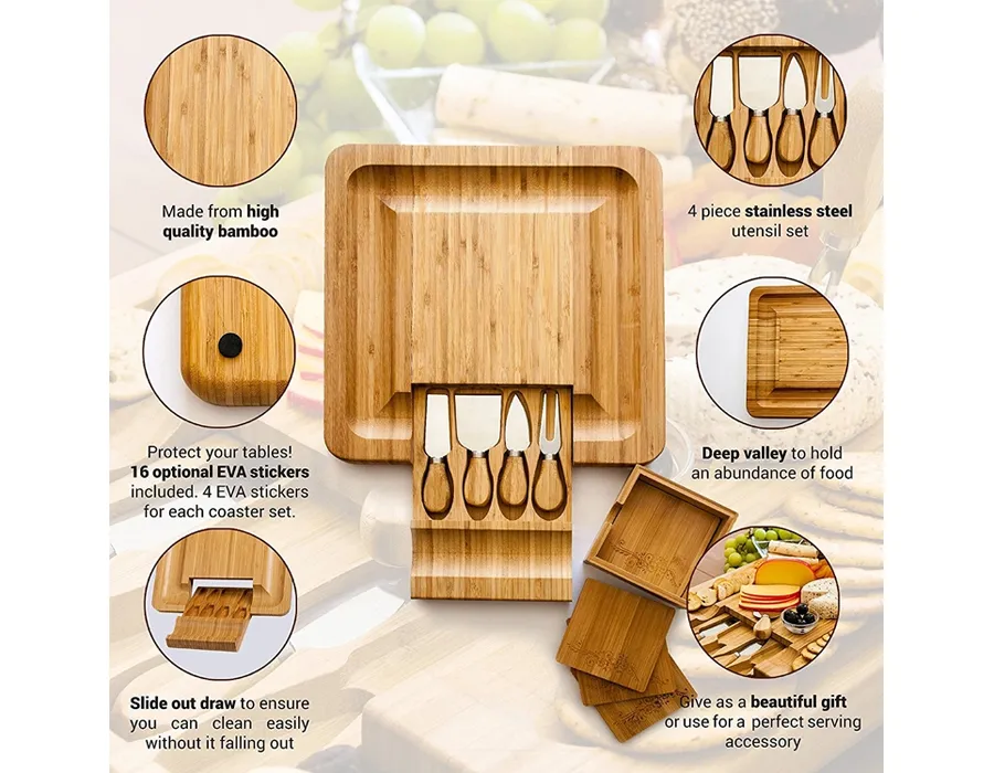 Bamboo Cheese Board with Charcuterie Serving Board Platter and Knife Set with Hidden Slid-out Drawer