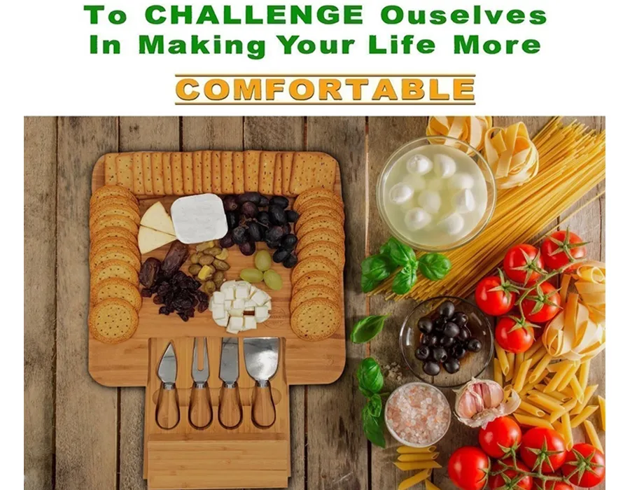 Bamboo Cheese Board with Charcuterie Serving Board Platter and Knife Set with Hidden Slid-out Drawer