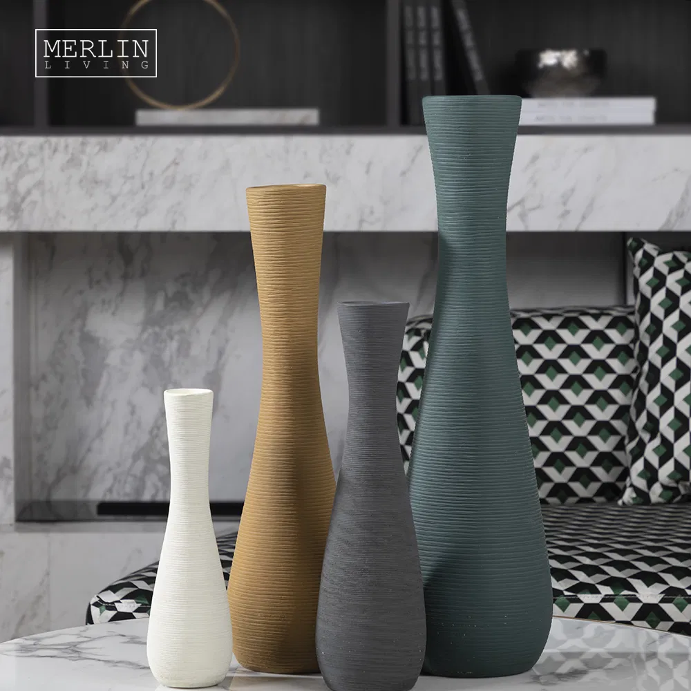 Contemporary Fluted Ribbed Textured Vase Nordic Unique Long Neck Hourglass Vase Tall Decorative Thin Tube Vase Tabletop Decor