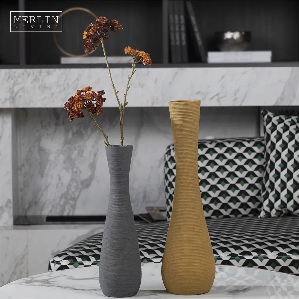 Contemporary Fluted Ribbed Textured Vase Nordic Unique Long Neck Hourglass Vase Tall Decorative Thin Tube Vase Tabletop Decor