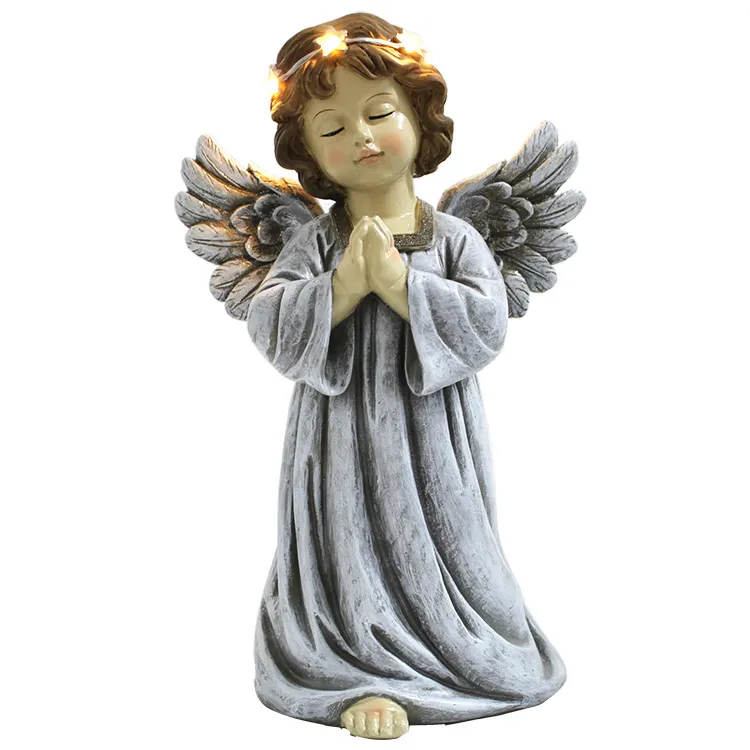 Custom House Decorative Tabletop White Small Resin Pray Cherub Angel Statue with LED Ring