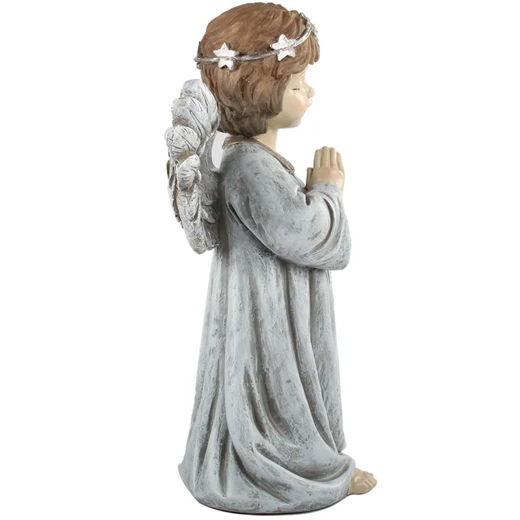 Custom House Decorative Tabletop White Small Resin Pray Cherub Angel Statue with LED Ring