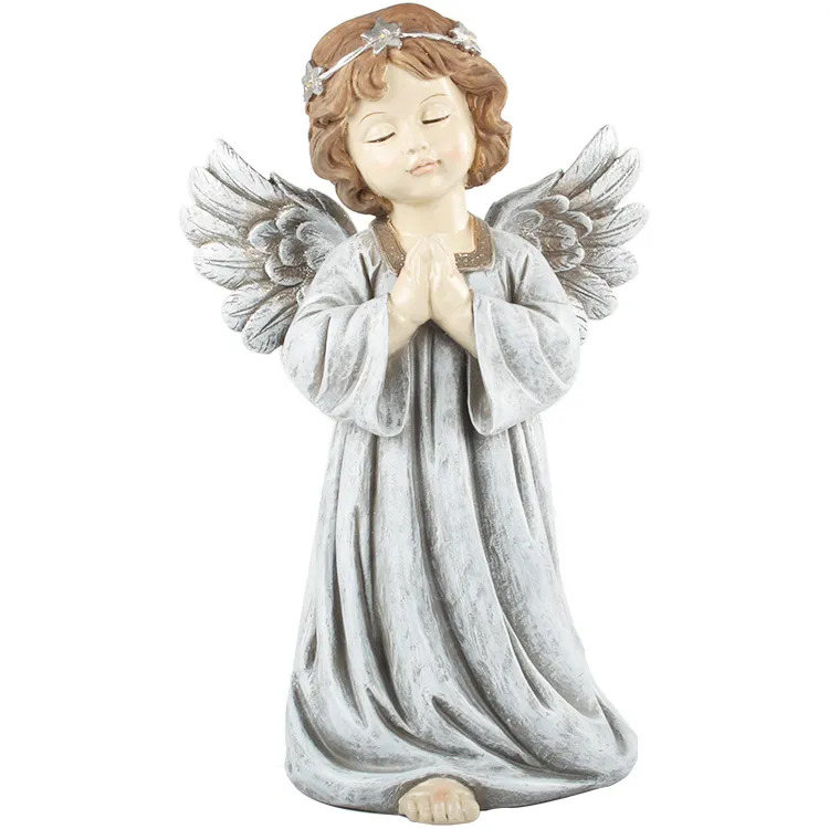 Custom House Decorative Tabletop White Small Resin Pray Cherub Angel Statue with LED Ring