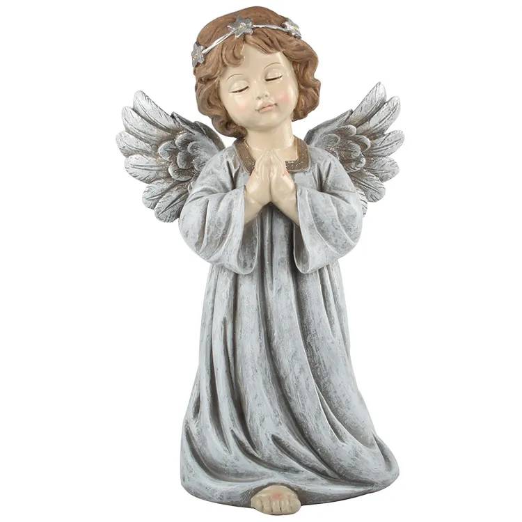 Custom House Decorative Tabletop White Small Resin Pray Cherub Angel Statue with LED Ring