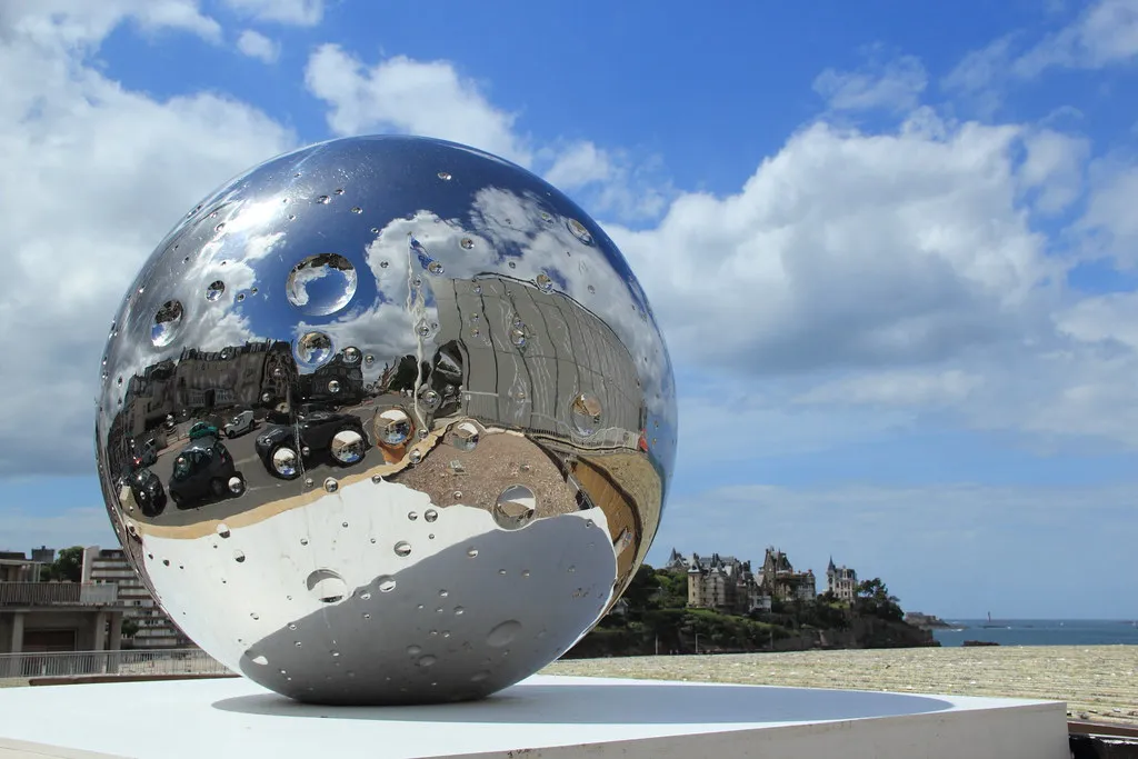 Custom Modern Abstract Sphere Ball Sculpture in Stainless Steel Mirror Polished