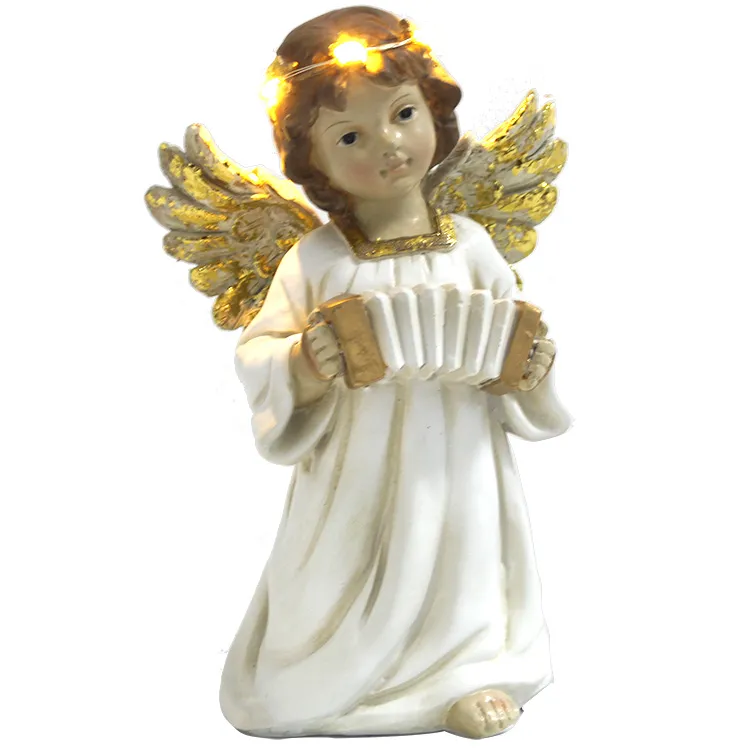 Customized Home Decor Miniature LED Fiberglass Wing Resin Cherub Angel Statue with Accordion