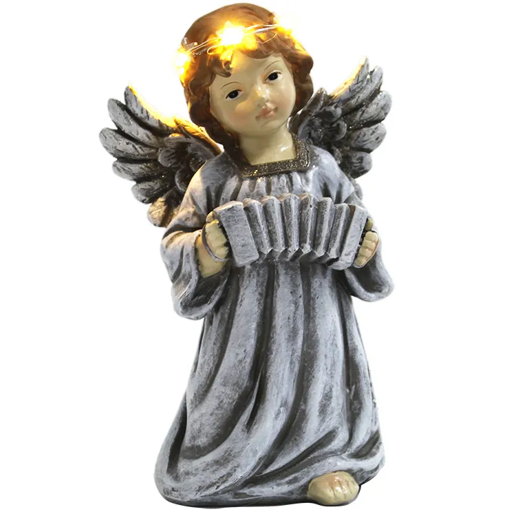 Customized Home Decor Miniature LED Fiberglass Wing Resin Cherub Angel Statue with Accordion