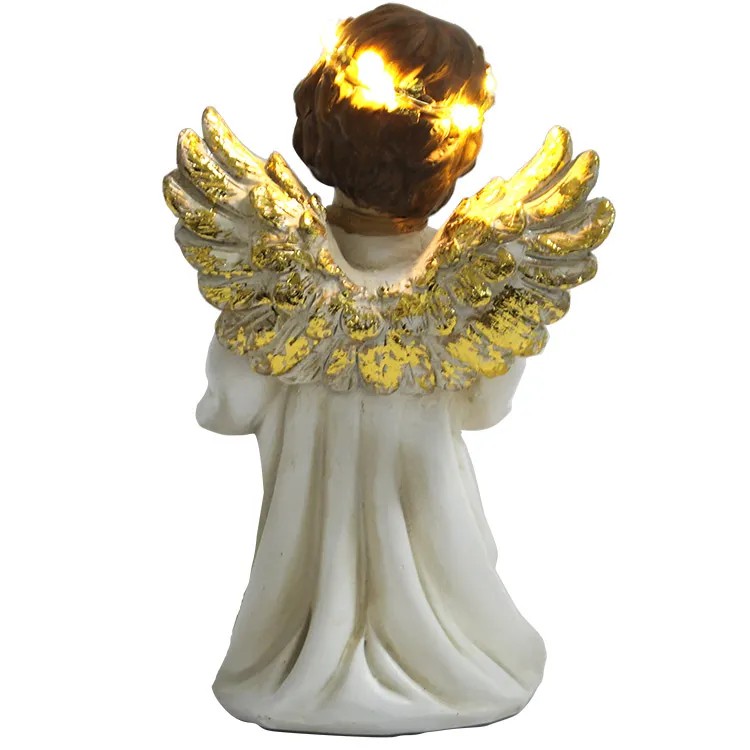 Customized Home Decor Miniature LED Fiberglass Wing Resin Cherub Angel Statue with Accordion