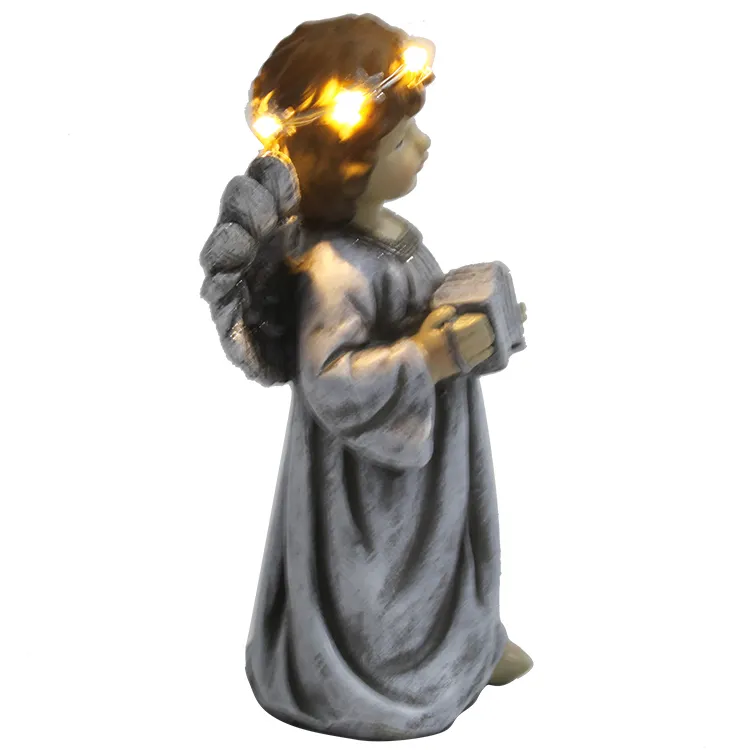 Customized Home Decor Miniature LED Fiberglass Wing Resin Cherub Angel Statue with Accordion