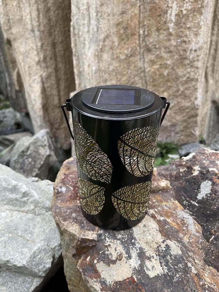 Cylinder-Shape LED Solar Metal Lantern Leaves Patterns Hollow Carved with Handle