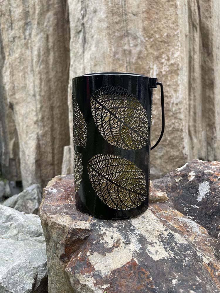 Cylinder-Shape LED Solar Metal Lantern Leaves Patterns Hollow Carved with Handle