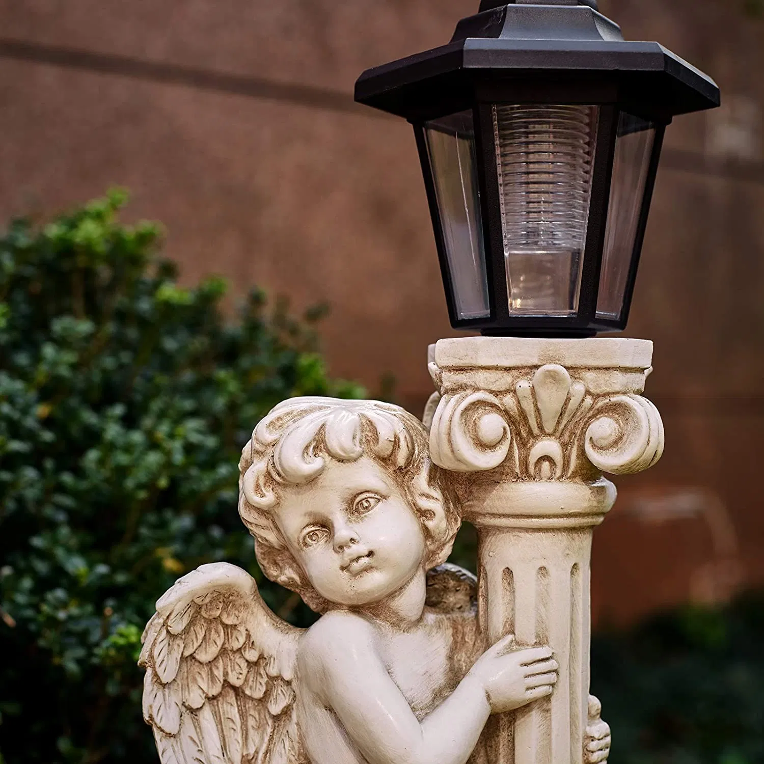 Hand Sculptured Solar Light Cherub Angel Statue with Marble Pillar
