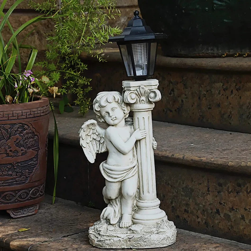Hand Sculptured Solar Light Cherub Angel Statue with Marble Pillar