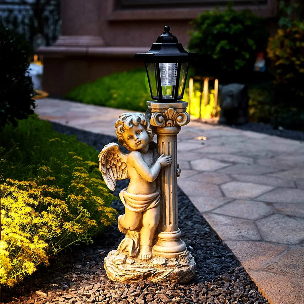 Hand Sculptured Solar Light Cherub Angel Statue with Marble Pillar