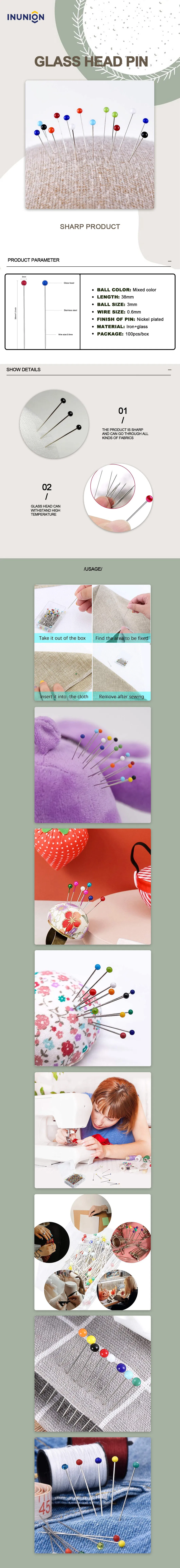 High Quality Mixed Color 38mm Dressmaker Pins Long Glass Head Pin