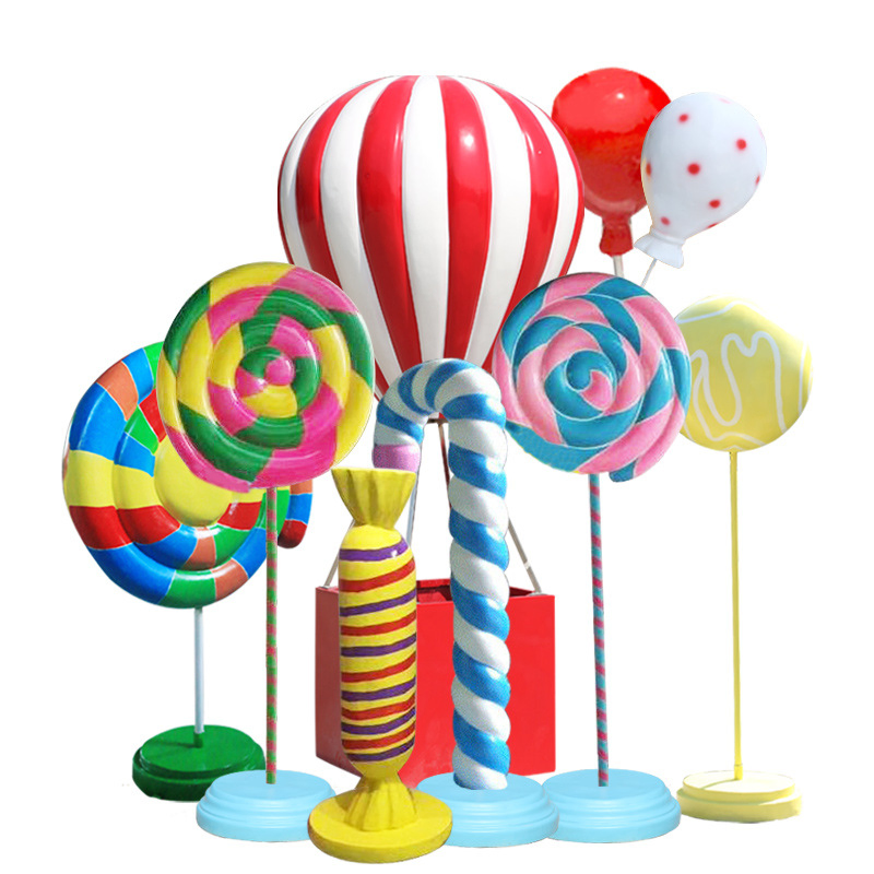 Life Size Fiberglass Lollipop Sculpture Resin Candy Donuts Statue for Interactive Props