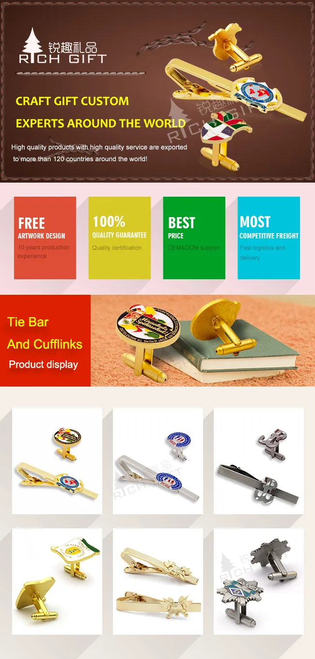 OEM Design Custom Blanks Metal Stainless Steel Enamel Mechanic Cufflink Tie Clip Set with Gift Box