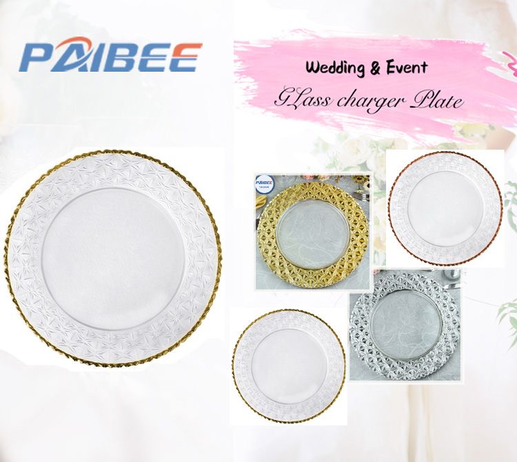 Paibee 2019 New Glass Charger Wedding Decoration Platter Kitchenware Dinnerware Party Rental Charger