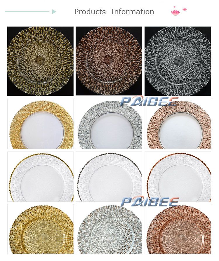 Paibee 2019 New Glass Charger Wedding Decoration Platter Kitchenware Dinnerware Party Rental Charger