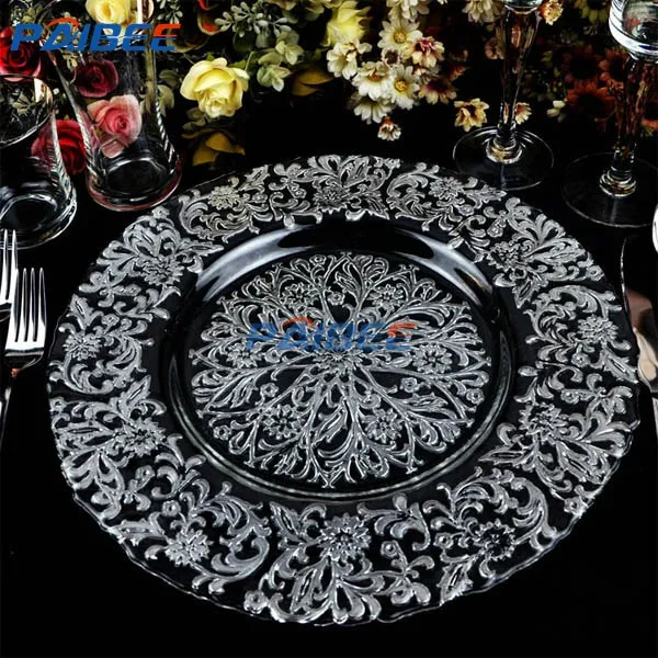 Paibee Wholesales Cheap Glass Charger Plate Dinner Plate Round Glass Platter Restaurant Plate