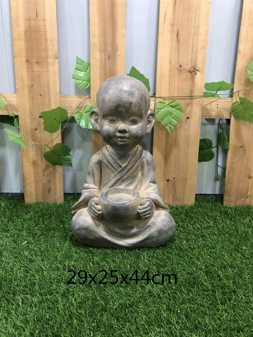 Resin Little Monk with Decorative Bowl Sitting Decoration Garden Sculpture