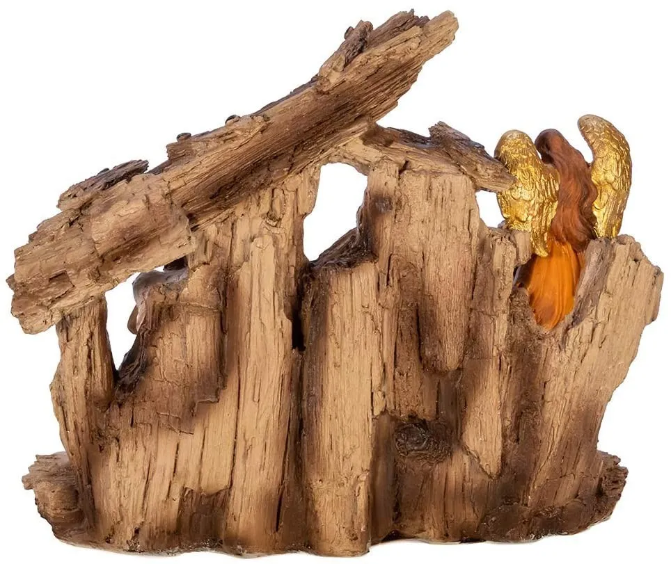 Resin Multi Wood Carved Nativity Set with Crib Sculpture Decoration