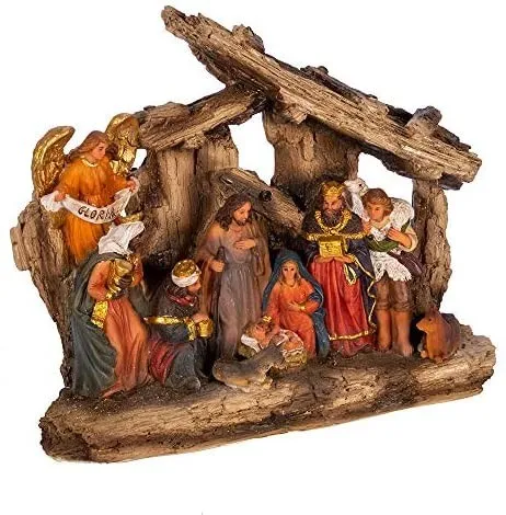 Resin Multi Wood Carved Nativity Set with Crib Sculpture Decoration