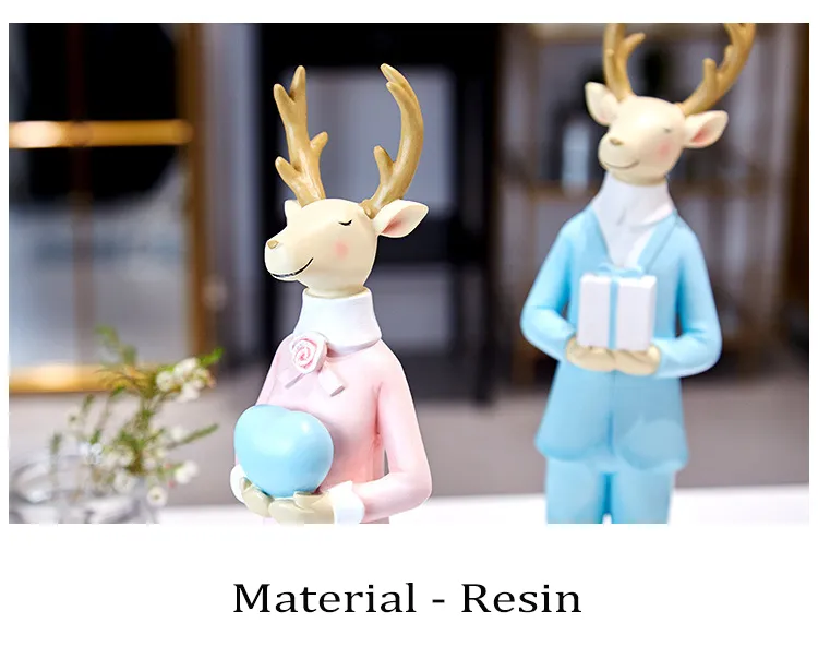 Sweet & Romantic Deer Couples Standing Decor Resin Cartoon Elk Dressing Figurine for Christmas Gifts and Decoration