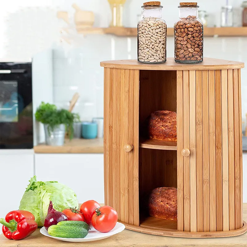 Triangle Bamboo Bread Box with Teo Side Door