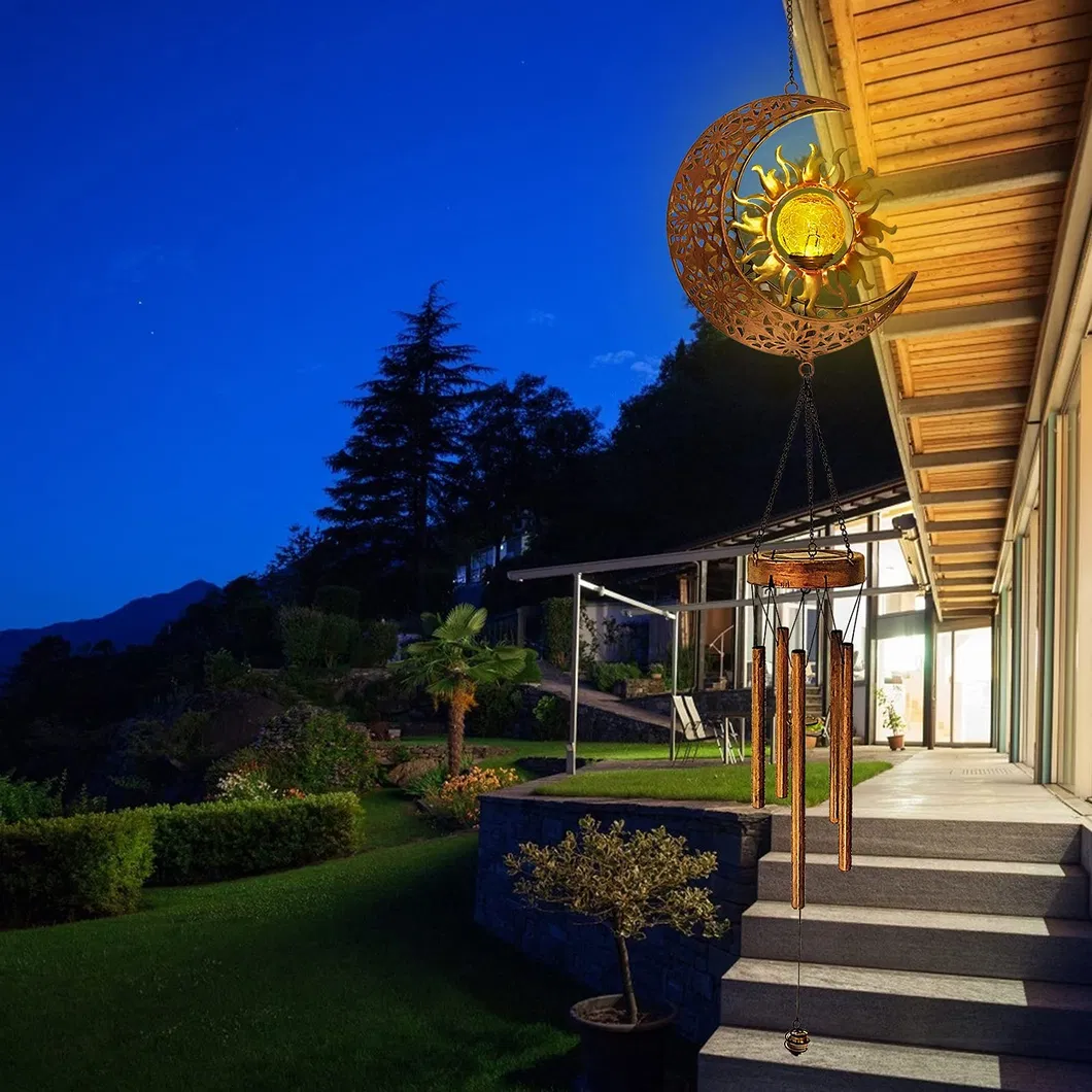 Wholesale Factory Direct Waterproof Solar Hanging Moon Sun Wind Chimes LED Light with Crackle Glass Ball Gift for Garden Yard Patio